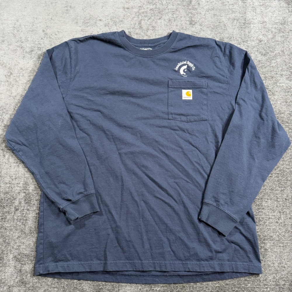 Carhartt Mens XL Loose Fit Long Sleeve Pocket T-Shirt Navy Blue K126 Workwear